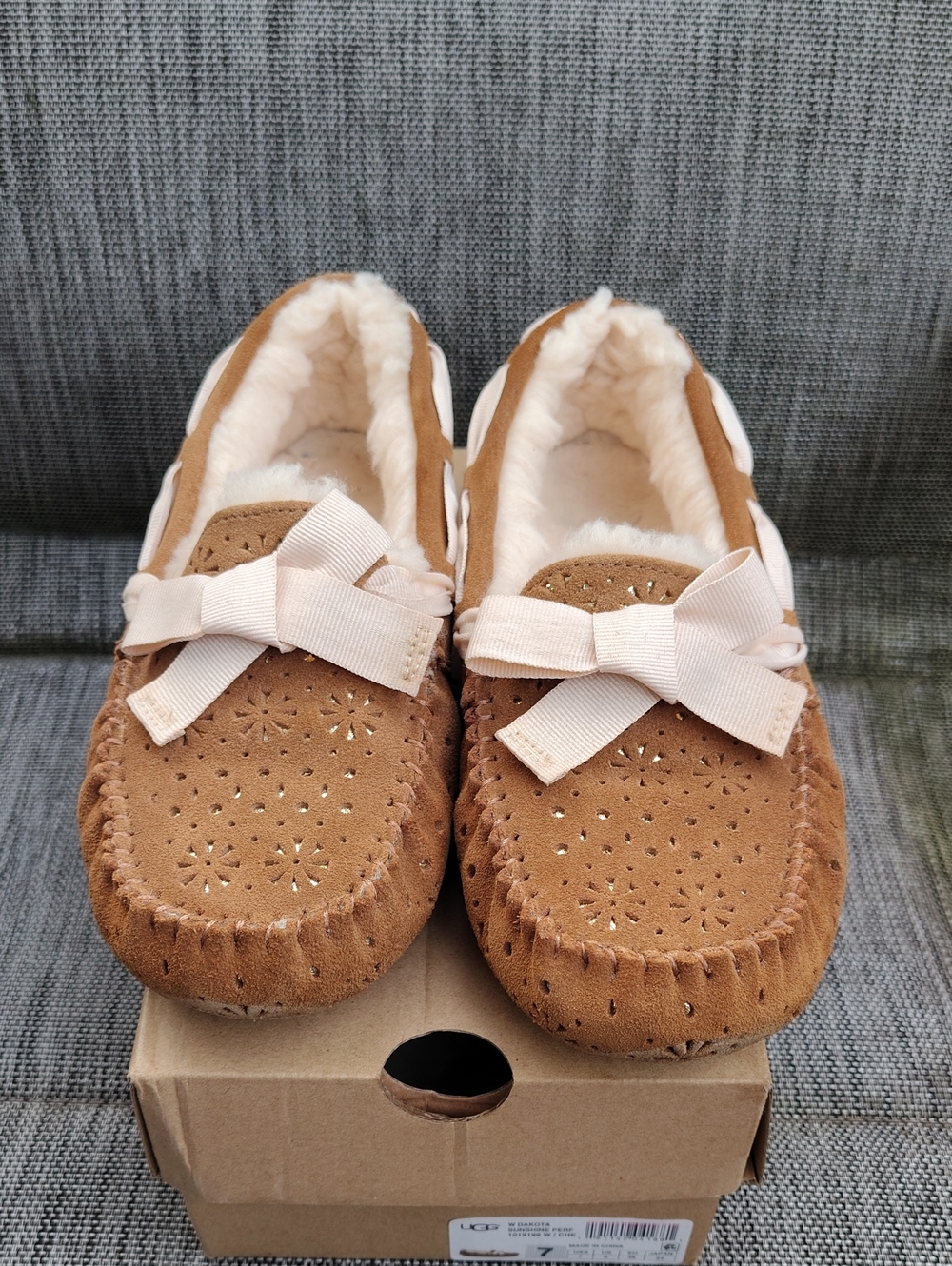 UGG Chestnut Suede Bow Moccasins with Cream Shearling